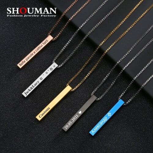 SHOUMAN Personalized 4 Side Engraving Custom Name Bar Necklaces 316L Stainless Steel Women Men Family Lover Gift