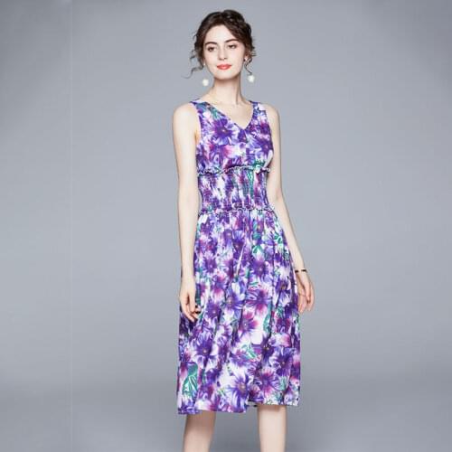 WTIANYUW Summer Women Fashion Runway A-Line Dress Sexy V-Neck Elastic Waist Anemone Floral Print Female Midi Dresses Vestidos