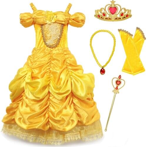 Deluxe Beauty and the Beast Princess Belle Halloween Costume Girls Model Show Photography Dress Kid Summer Cosplay Party Clothes