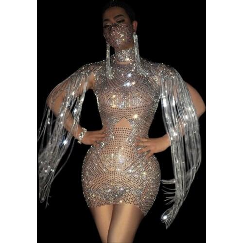 Silver Sequin Fringe Transparent Dresses Women Nightclub Stage Costumes Birthday Celebrate Outfit Women Rhinestone Dance Dress