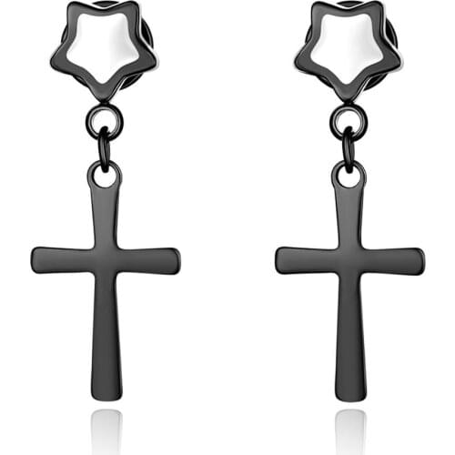BONISKISS Fashion Five-pointed Star Cross Stainless Steel Earrings For Men Women Heart Black/Gold Color Cross Gothic Jewellery