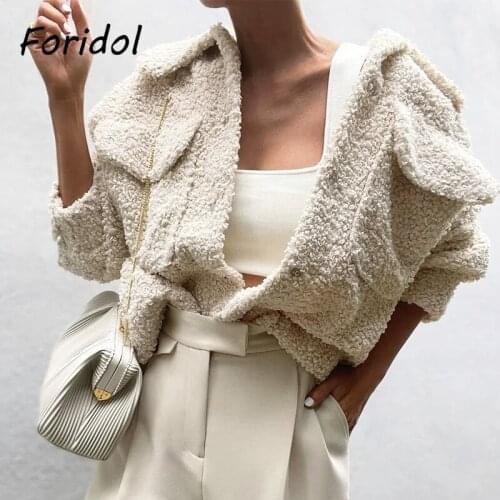 Foridol Faux Fur Coat Khaki Women Fluffy Cozy Teddy Bear Button Up Casual Oversize Coat Thick Autumn Winter Abrigo Coat Jacket