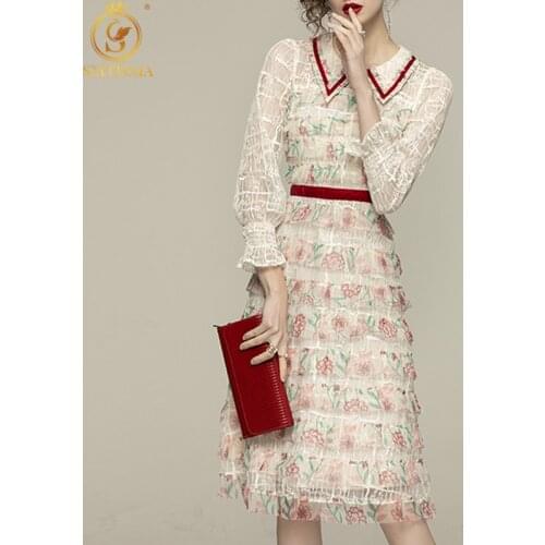 SMTHMA 2021 New Fashion Designer Spring Party Dresses Robe Women Long Sleeve Elegant Floral Print Mesh Knee-Length Dress