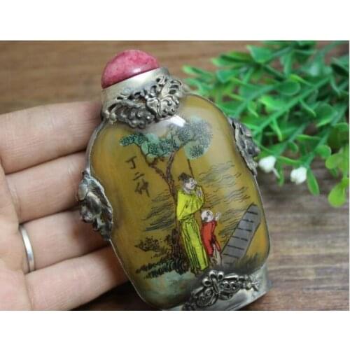 Antique Arts and crafts glass package silver painting snuff bottle to pieces of ancient people living room decoration