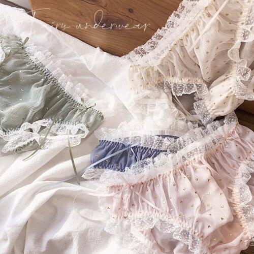 Japanese sweet gilded star Chiffon yarn sexy lace hem mid low waisted briefs girls hip underwear underpants panties tangas mujer