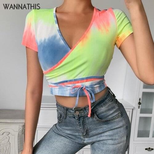 WannaThis Tie dye Print V-Neck Short Sleeve Cropped T-Shirts Women Waist Lace up Crop Top Casual Sexy Summer Lady Tops 2020 New