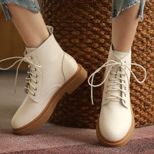 Falajoy Combat Boots Women Genuine Leather Lace up Booties Woman Comfortable Ankel Boots for Women Black Off White Plus Size 43