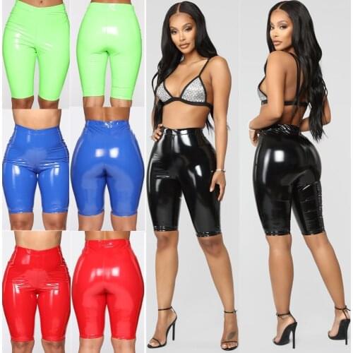Women Sexy Wet Look PU Leather Capri Shorts Clubwear High Waist Skinny Shorts Knee Length