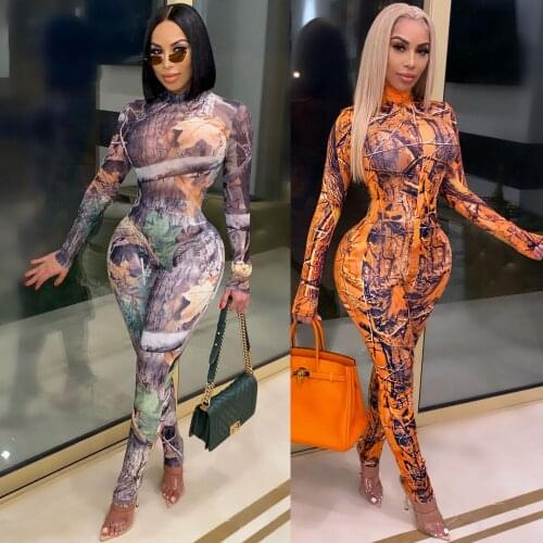 2021 Multi Color Print Jumpsuit Woman Long Sleeve Mock Neck Leggings Night Club Wear Rompers Outfits One Piece Bodycon Overalls