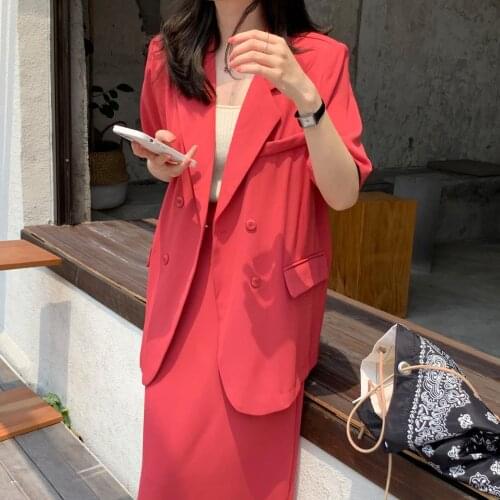 Office Womens Skirt Suit Sets Summer Outfit Loose Short Sleeve Red Blazer Jacket High Waist Long Skirt Solid Two Piece Set