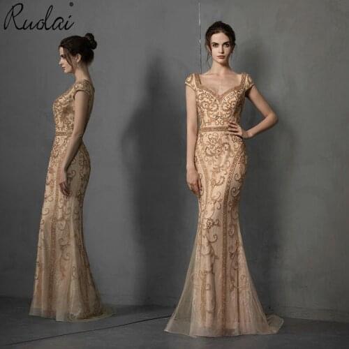 Luxury Mermaid Evening Dress Long 2019 Newest Gold Color Off-the-Shoulder Women Evening Dresses for Cocktail Party