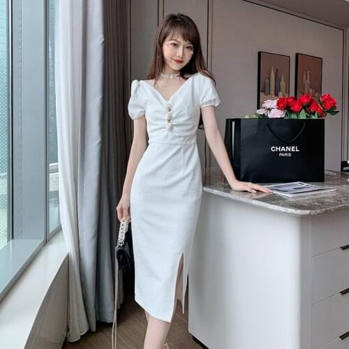 Fashion Vintage Korean Sexy Puff Sleeve V-Neck Midi Party Club Dress Ladies Elegant Robe Embossing Rose White Split Pencil Dress
