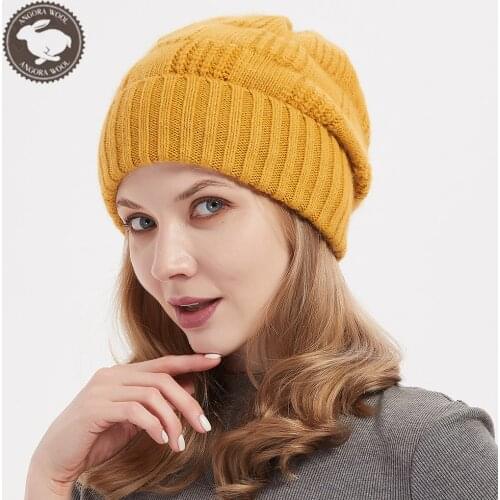 Winter Angora Rabbit Fur Hat for Women Warm Fur Knit Beanie Hats with Cat Ears for Girls