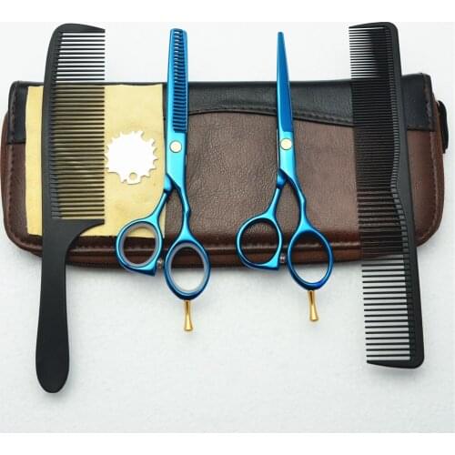1014C 5.5'' 4Pcs Suit Customized Logo Professional Blue 440C Hairdressing Scissors Cutting Scissor Thinning Shears Hair Scissors
