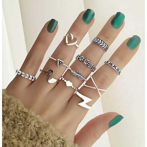 11 Pcs/Set Boho Carved Flower Leaves Rings Set Fashion Vintage Hollow Heart Lightning Triangle Geometric Rings for Women Jewelry