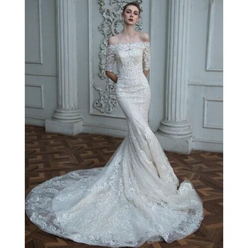 2021 Off The Shoulder Boat Neck Half Sleeve Pearls Appliques Lace Elegant Mermaid Wedding Dresses Robe De Mariée Sirène