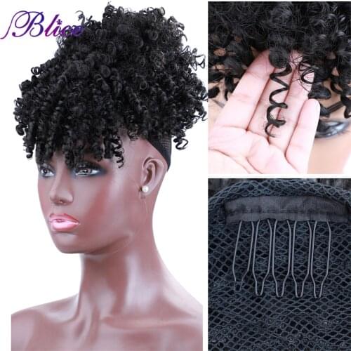 Blice Synthetic High Puff Ponytail With Bangs Drawstring Afro Kinky Curly Bun Chignon With Bang Clip In Hair Extensions