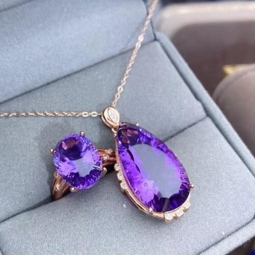 Big Stone Brazil Natural And Real Amethyst jewelry set Natural Real Amethyst 925 sterling silver 1pc pendant,1pc ring