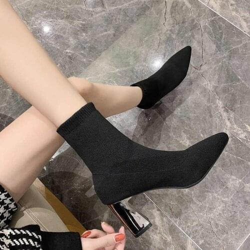 High Heel Boots Socks Women 2020 Flocking Shoes Sexy Party Thick Heel High Heel Short Boots Women Winter Pointed Toe Boots Shoes