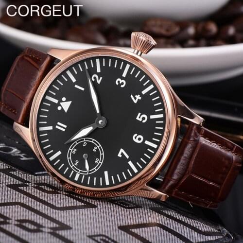 CORGEUT Top Mechanical Watch Mens Pilot Seagull Movement Manual Winding Mechanical Watch Luminous Fashion Leather Mens Watch