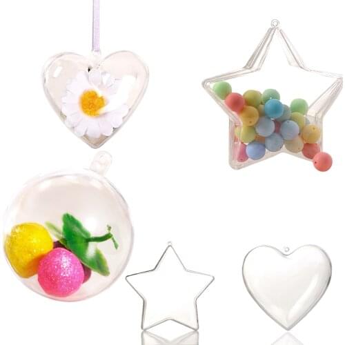 5Pairs 4-7cm Christmas Tree Decorations Balls Transparent Round Star Heart Balls Open Clear Bauble Ornament Christmas Gift Boxs