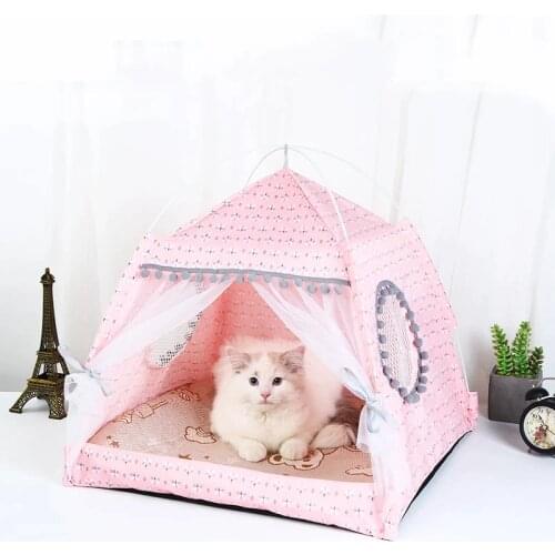 Cute Print Four Seasons Cat Toy House With Breathable Mesh Foldable Mosquitproof Small Dog Bed Travel Picnic Tent Pet Supplies