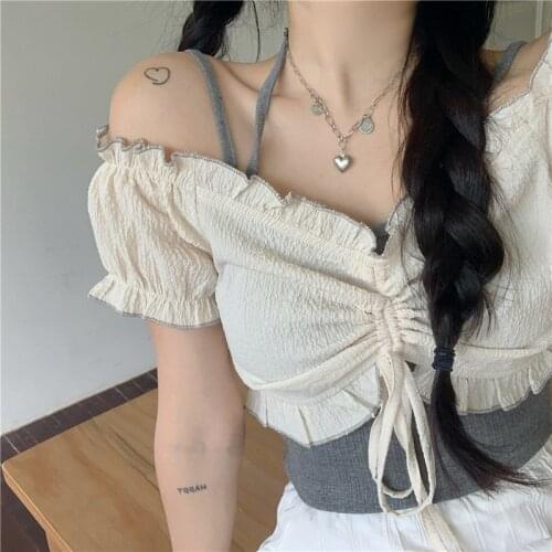Y2k Fashion Wood Ear Puffs Sleeve T-shirt Womens 2021 Summer Off Shoulder Drawstring Crop Top Ruffles Sweet Gothic Streetwear