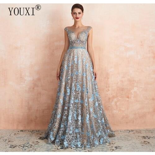 Robe de Soiree 2019 Gorgeous Evening Dress YOUXI Lace Beaded Crystal Rhinestone Sheer Neck Formal abendkleider Lang