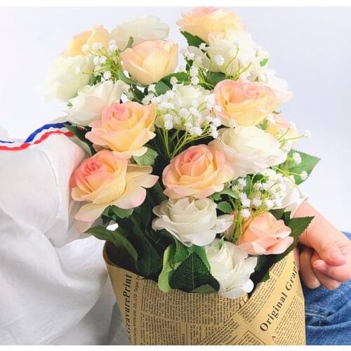 12PCS/lot Silk Real Touch Artificial Rose Flowers Wedding Bride Bouquet Babybreath Fake Flower For Wedding Home Party Decor