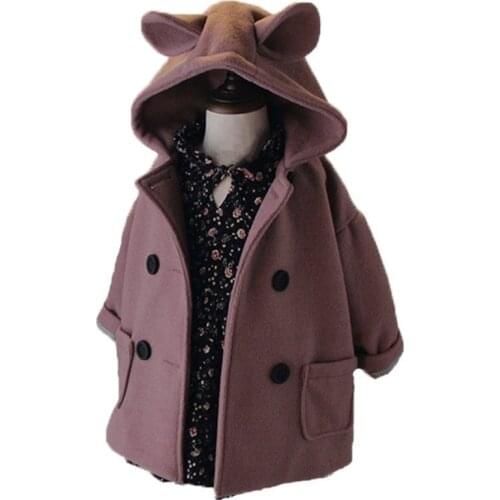 Girls Jackets Solid Rabbit Ears Winter Jackets For Girls Warm Coat Snowsuit Outerwear Double-breasted Woolen Hooded Kids Clothes