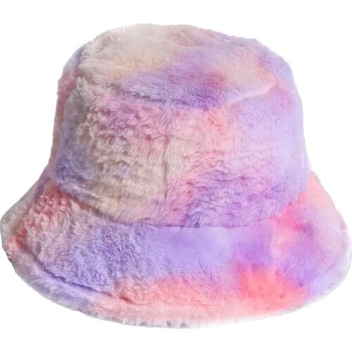 Fashion Girls Women Plush Winter Warm Keeping Rainbow Tie Dye Cap Fisherman Bucket Hat New Pink Faux Fur Bucket Hat For Women