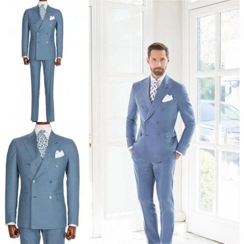 Mens Suits 2 Pieces Double Breasted Linen Rayon Blue Blazers Slim Fit Formal Wedding Costume Tuxedos Jacket+Pants