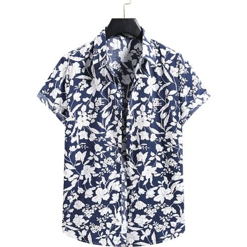 New Vintage Flower Hawaiian Shirt Men Cotton Linen Shirts Print Short Sleeve Button Shirt Blouse Top Vetement Homme 2021
