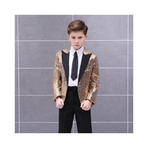 Latest Designs Prom Party Boys Suits Shiny Stage Performance Boy Tuxedo Kid Formal Wedding Suit Jacket with Pants set 2 piece