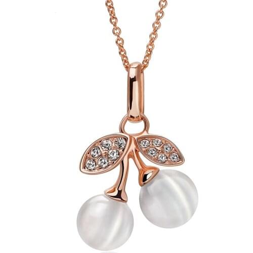 Ociki Jewelry Cherry Fruit Rose Gold Color Cute Cubic Zirconia Opal Crystal Necklace Chokers for Women Girls Students Gift