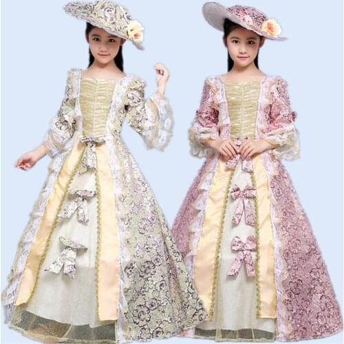 Medieval Palace Princess Dress Party Cosplay Costume for Kids Baby Girls Renaissance Ruffle Fancy Party Vintage Vestido Hat Set