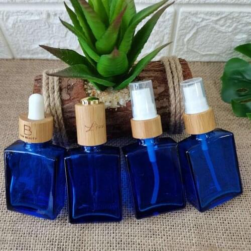 30ml Clear Blue Glass Square Bottle Dropper Bottle black Essential Oil Bottle With wood Dropper Lid Bamboo glass spray bottle