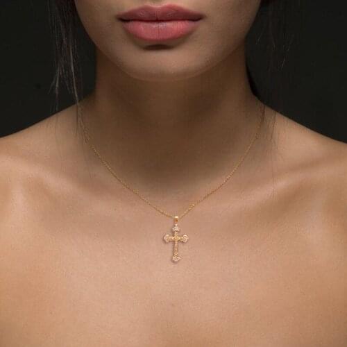 ROLILASON Classic designer huge Cross wholesale golden tone zircon necklaces pendants pentagram fashion jewelry LN532