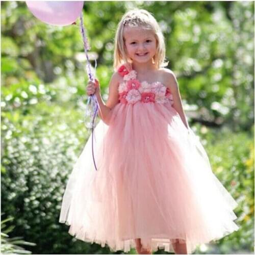 Little Girls Pink Long Tutu Dresses Kids Crochet Tulle Tutus Ball Gown with Flower Headband Children Wedding Dress Party Tutus