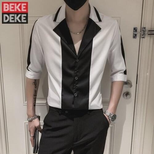 Summer Mens Colors Mixed Half Sleeve Casual Shirt Single Breasted Lapel Collar Office Work Tops Slim Fit Designer Chemise Homme