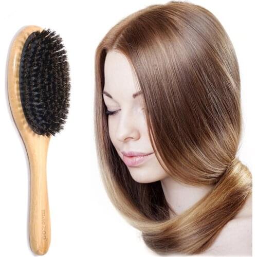 Natural Bamboo Handle Hair Brush Boar Bristles Anti-static Hair Scalp Paddle Hairbrush Gasbag Massage Comb Hair Care Brush