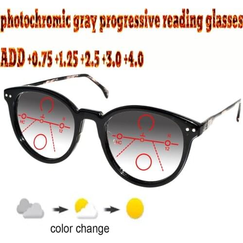 Photochromic Gray Progressive Multifocal Reading Glasses Men Woem Ultralight Black Frame+1.0 +1.5 +1.75 +2.0 +2.5 +3 +3.5 +4