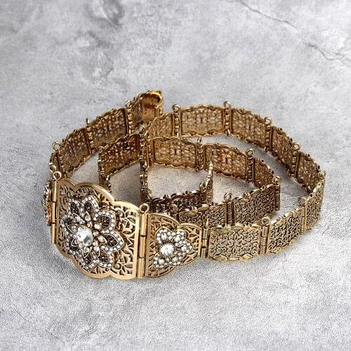 Sunspicems Retro Gold Brown Color Morocco Caftan Belt for Women Crystal Waist Chain Dress Jewelry Movable Buckle Adjust Length