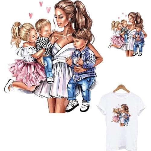 Super Mom With Girl&Boy Iron-On Transfer DIY A-Level Washable Women T-Shirt Patches For Clothing Fashion Family Heat Transfer
