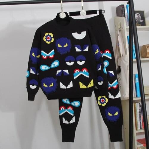 Embroidery Cartoons Knitted Tracksuit Outfits Women Loose Fashion Black Red Gray Knit Sweater Pencil Pants Two Piece Set Female