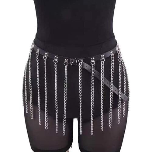 Streetwear Punk PU Leather Tassel Belts Women Clear Black Fashion Gothic Metal Chain High Waist Belts Female