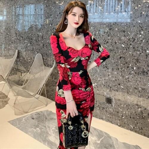 Spring Bodycon Maxi Dresses Elegant Square Collar Full Sleeve Slim Draped Split Dress Women Print Sexy Party Ladies Vestidos