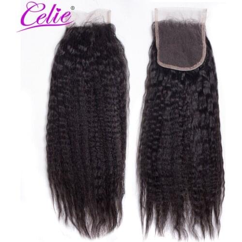 Celie Hair Brazilian Kinky Straight Hair Lace Closure Free/Middle Part Remy Human Hair 4x4 inch Swiss Lace Closure 150 Density