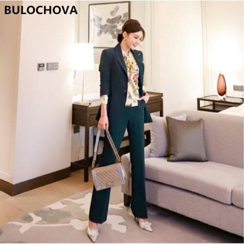 Womens Pants Suits 2020 Newest Autumn Fashion Suit Collar Long Sleeve Coat Tops + High Waist Full Length 2 Piece Sets for Women
