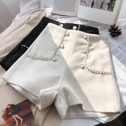 High Waist Shorts Women 2021 Autumn New Korean Double Breasted Plaid Causal Sweet Office Lady Wide Leg Shorts